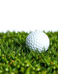 Obraz premium A pristine golf ball rests in vibrant green grass against a pure white background, relaxation, nature, professional