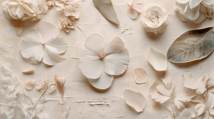 Botanical spring flat lay with flowers and natural elements, top view, no people, soft pastel vibe.