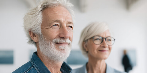 An old man and woman, a couple of joyful retirees in an art gallery looking at a painting