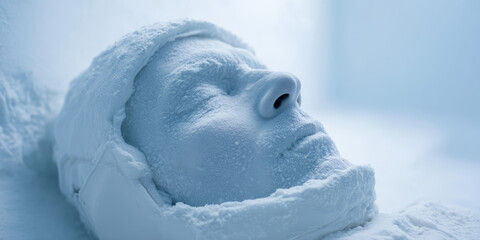 Frozen human encapsulated in ice, illustration of cryonics and the preservation of life, freezing technology. 