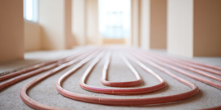 Hydronic pipes under flooring, efficient heat distribution, underfloor heating system. 