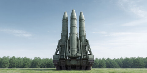 Missile launch system with rockets, military defense strength. Arming the country, threat of missile attack 