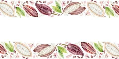 Chocolate tree pods and cacao beans. Seamless pattern. Cacao fruit. Watercolor illustration. Hand drawn in pastel colors for packaging, textiles and botanical designs.