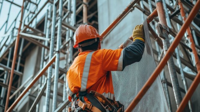 A construction worker securing safety netting at a building site. Featuring safety protocols and site security