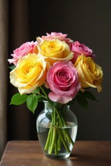 Fototapeta premium Pink and yellow roses in a glass vase Elegant floral arrangement , flower arrangement, wedding