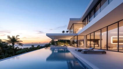 Fototapeta premium Luxury Oceanfront Villa at Sunset: Modern Architecture and Infinity Pool