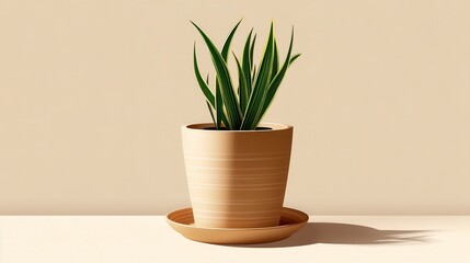 Variegated Snake Plant in Beige Pot on Light Background