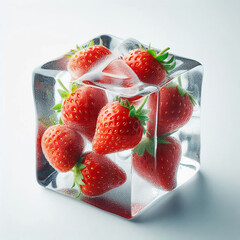 Fresh strawberries in an ice cube.