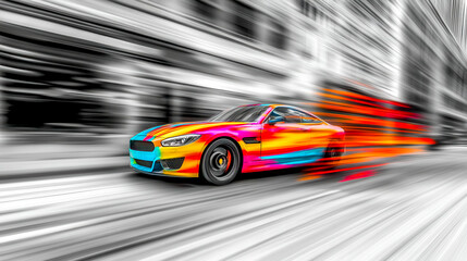 Colorful sports car speeding through city streets