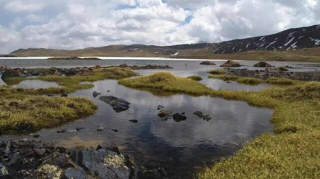 4K drone footage of the Arabel Plateau in Kyrgyzstan shows a lake with greenery, snowy mountains, and dramatic cloudy skies during autumn.