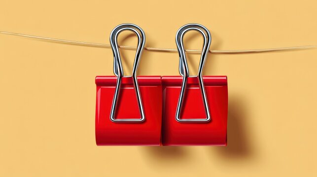 Two Red Binder Clips Hanging on Gold String Against Yellow Background