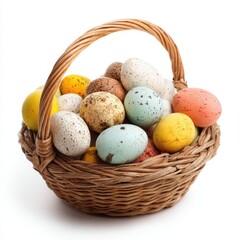 Woven basket filled with colorful Easter quail eggs