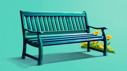 Teal Wooden Park Bench with Yellow Flowers Pixel Art Illustration