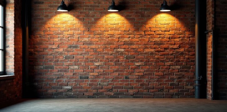 Rustic brick wall with exposed pipes, vintage lighting, rustic, industrial