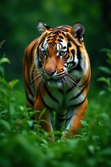 Obraz premium Striped Bengal tiger camouflaged by lush green foliage , wild animal, camouflage
