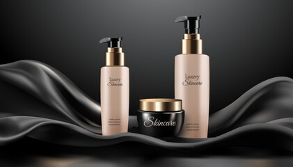 Golden and Black 3D Luxury Skincare Products with mock up of cosmetics product