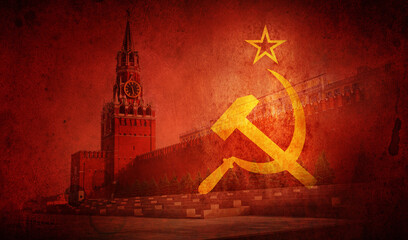 The Moscow Kremlin against the background of the USSR flag. Symbol of socialism, communism and the...