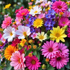 Fototapeta premium Vibrant garden bouquet of mixed blossoms, lush colors, sunflowers, flower bouquet, pretty