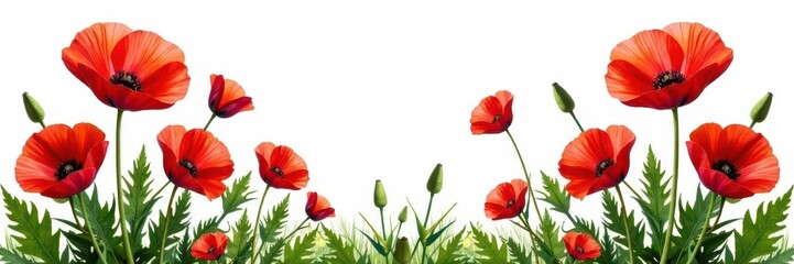 Obraz premium Vibrant red poppies, lush bloom, isolated on white , stem, white