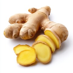 Ginger root and slices isolated on a white background.