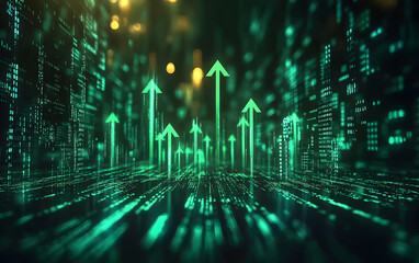 Abstract green upward arrows rising above glowing market data, symbolizing wealth appreciation and investment growth, hyperrealistic, digital financial theme, ultraHD