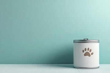 A white pet food container with a paw print against a light blue wall on a white wooden surface