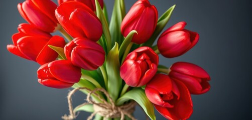 Fototapeta premium A vibrant bouquet of red tulips, elegantly tied with natural raffia string, blossom, object