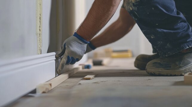 Carpenter installing baseboards at a construction site. Featuring craftsmanship and precision