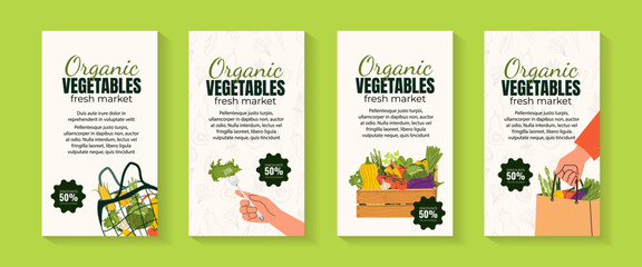 Set with modern templates with vegetables for Local Farmers Market, Organic Farm, Harvest Festival, Agricultural fair. Announcement for seasonal fair fork with salad. Healthy lifestyle	