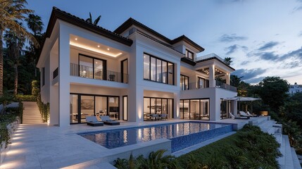 Obraz premium Luxury villa with pool at dusk modern architecture coastal setting high-resolution imagery