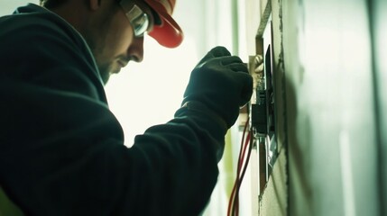 Electrician installing outlets in a new office building. Featuring precision and efficiency