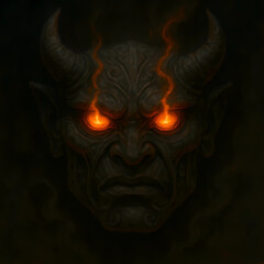 Fototapeta premium Dark demon face with horns and glowing fiery eyes – fantasy horror art