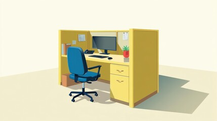 Fototapeta premium Low Poly Yellow Office Cubicle with Blue Chair and Plant