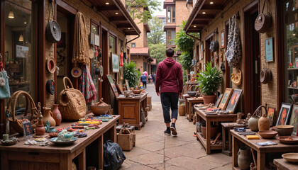 Fototapeta premium Exploring artisan market with handmade crafts and pottery, creative adventure