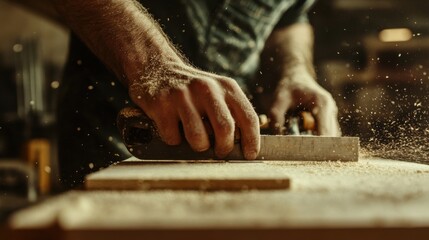 Carpenter cutting wood planks for furniture. Featuring focus and precision