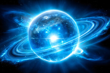 Floating crystal orb glimmers in cosmic expanse with vibrant nebula and planetary rings