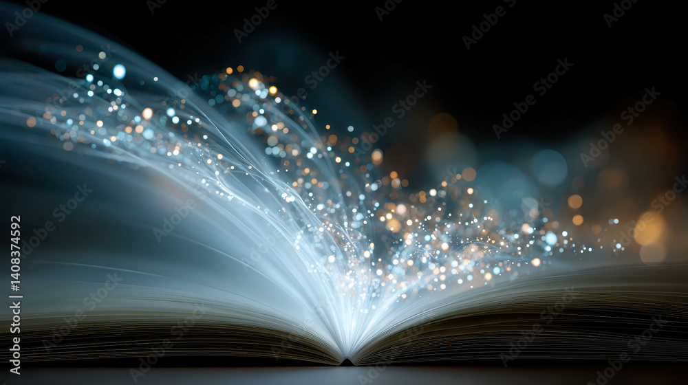 Poster galaxy spiral emerges from glowing pages of an open book in a cosmic dance of light and wonder
