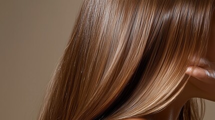 Fototapeta premium Shiny long hair of a person styled elegantly with soft golden highlights against a neutral background