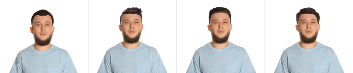 Obraz premium Man with different hairstyles on white background, collage of portraits