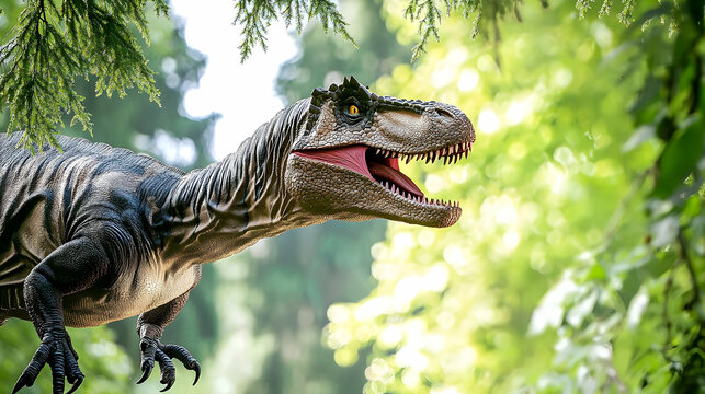 A Megapnosaurus Dinosaur With Spotted Black And White Skin Roaring In A Lush Green Prehistoric Jungle Environment With Dappled Sunlight