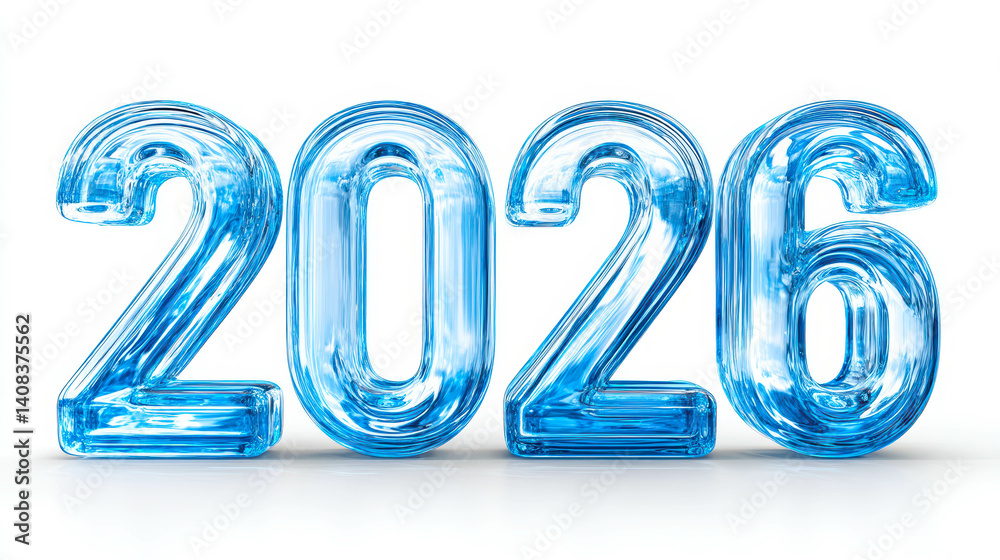 Poster translucent blue numbers representing the year 2026 in a modern artistic style