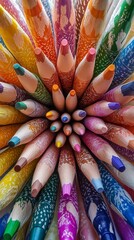 Colorful crayons arranged in an intricate pattern, close-up shot to capture every detail and texture on the pencils, perfect as a wallpaper or poster design.