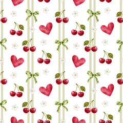 Seamless pattern with cherries, green leaves,cherry blossom, bows and heart. Cute watercolor striped background with berries. Perfect for summer fabrics, textiles, stickers, cards, posters, logos.