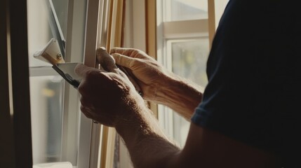 Carpenter installing trim around windows at a construction site. Featuring precision and care