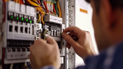Electrician replacing a fuse in an electrical panel. Featuring technical skill and safety