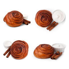 Tasty cinnamon rolls, cream and sticks isolated on white, set. Top and side views