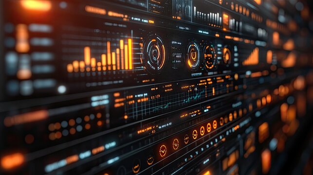 Detailed visualization of a data processing system with glowing orange indicators - Powered by Adobe