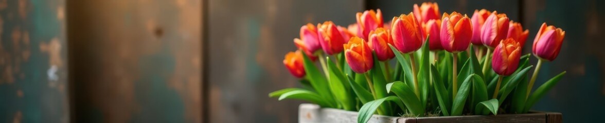 Vibrant tulips burst from rustic wooden planter, rustic, orange, colorful