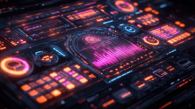 A futuristic digital audio workstation with glowing controls and sound visualizations.