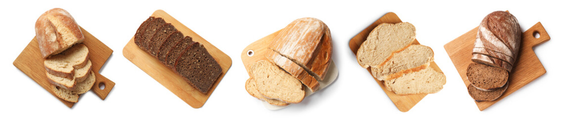 Different types of bread isolated on white, set. Top view